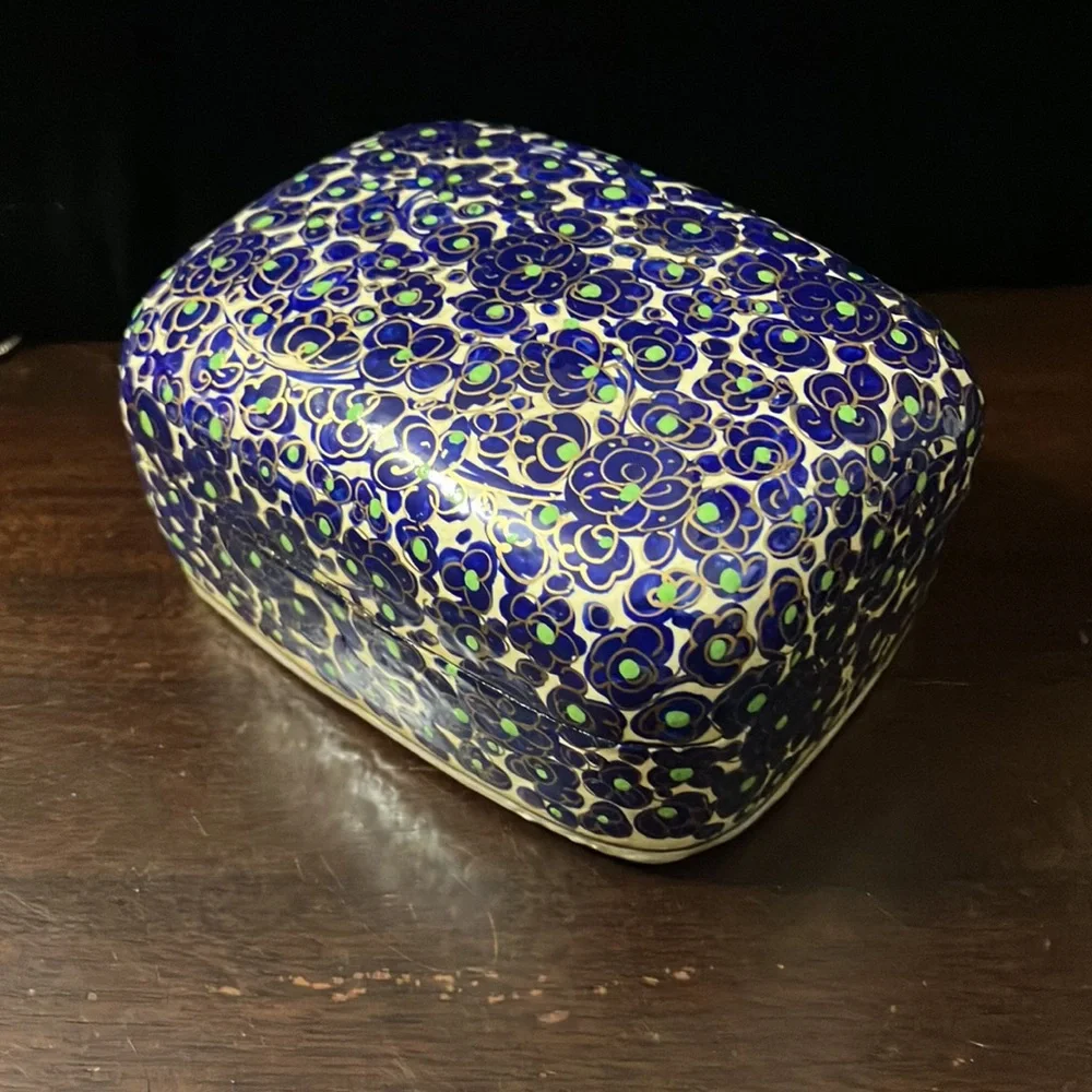Vintage Indian Papier Mâché Blue, Black, & Gold Trinket / Jewelry Box